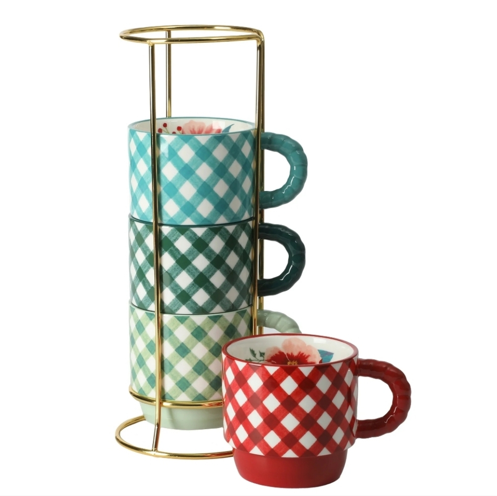 🎄 SALE New Pioneer and Merry Meadow Gingham 5-Piece 12.5 oz Stacking Mugs wit